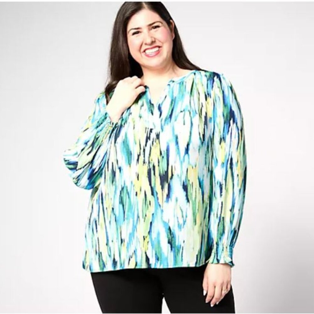 Belle by Kim Gravel Flame Game Split Neck Blouse - Blue - X-Small